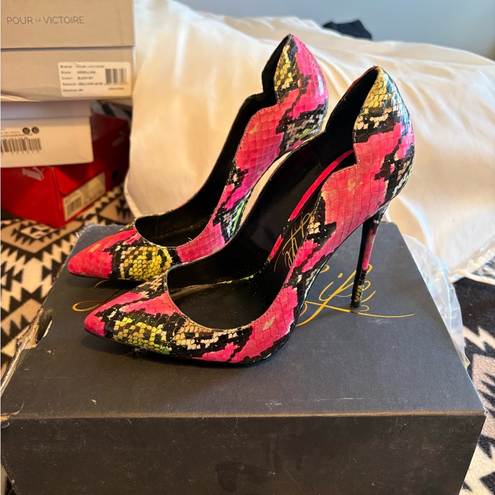 Lulu's Vibrant Pink and Green Snakeskin Heels